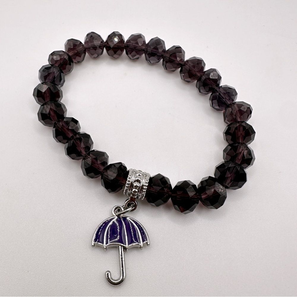 SALE! Deep purple faceted crystal‎ glass beaded bracelet with umbrella charm!